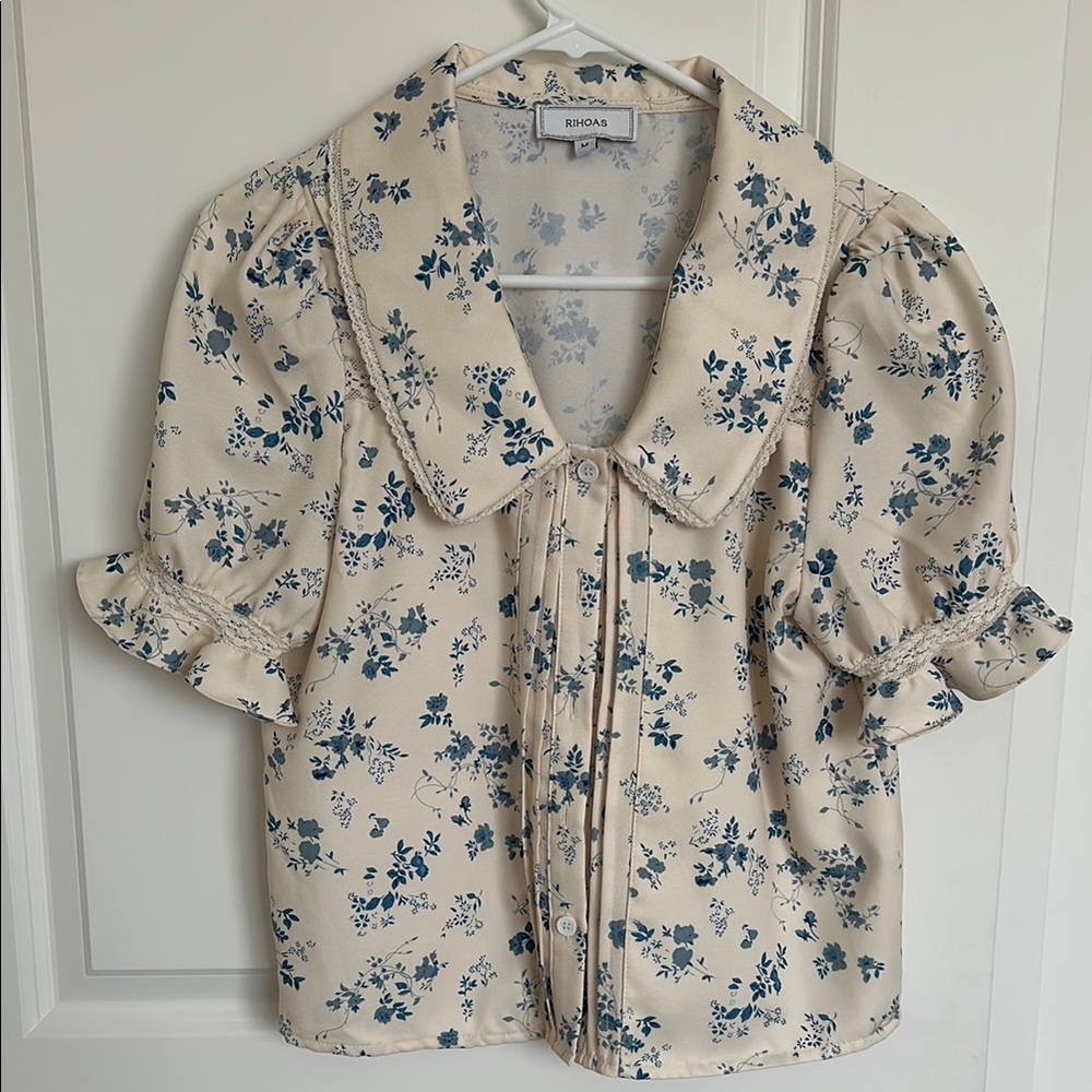 Rihoas Floral Print Women's Top - Cream and Blue